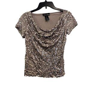 INC Sequined Short Sleeve Womens Top S Beige Metallic Sparkle Cowl Neck Stylish